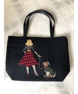 Black Wool Blend Woman with Dog  Applique&#39; Double Handle Purse Bag - $26.88