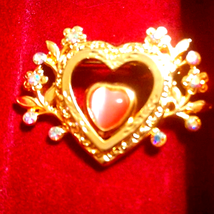 Stunning~Gold&Pink Heart Brooch w/Rhinestones - £20.13 GBP