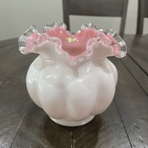 Fenton Peach Pink Crest Mellon Vase Silver Crest White Milk Glass Sticke... - $49.49