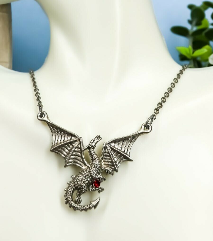 Ebros Red Gemstone Winged Caduceus Moon Dragon Jewelry Pewter Pendant Ne... - $16.99