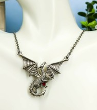 Ebros Red Gemstone Winged Caduceus Moon Dragon Jewelry Pewter Pendant Necklace - £13.28 GBP