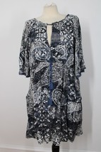 NWT Free People L Blue Black Patterned Open Back Split Sleeve Boho Dress Pockets - £42.88 GBP