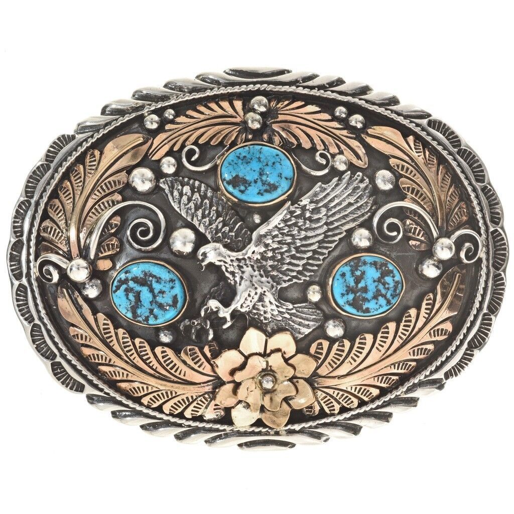Primary image for Navajo Silver Gold EAGLE BELT BUCKLE Arizona Kingman Turquoise by Tom Ahasteen