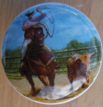 Ceramic Cabinet Knobs Knob w/ Calf Roping Rodeo horse - £3.48 GBP