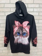 Hoodie Sweatshirt size medium Kitty Pull Over Black Pink Women Cat Logo Sequins - £15.90 GBP