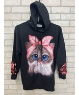 Hoodie Sweatshirt size medium Kitty Pull Over Black Pink Women Cat Logo Sequins - £15.53 GBP