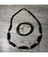 Hematite Necklace Cylinder Beads Vintage Clasp w/Peach Accent Beads &amp; Br... - $23.38