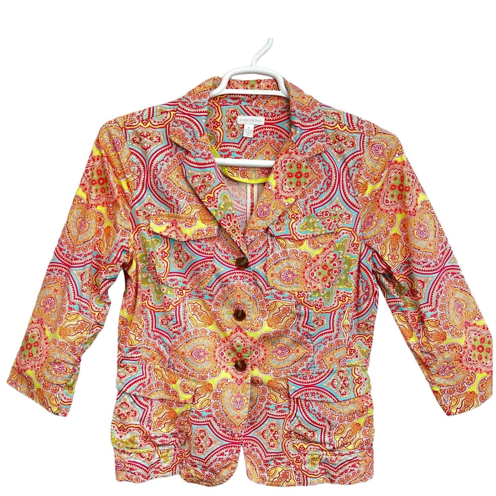 Primary image for Charter Club Paisley Blazer Jacket Multicolor Size M 3 Button Front 3/4 Sleeve 