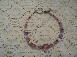 Breast Cancer Bracelet Pink Beads &amp; Crystals .925 Sterling Silver BC Ribbon 7.5&quot; - £14.65 GBP