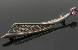 925 Sterling Silver - Vintage Amethyst &amp; Marcasite Dark Tone Brooch Pin - BP5890 - £27.37 GBP