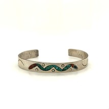 Vintage Sterling Native American Inlay Turquoise and Coral Cuff Bracelet 6 1/2 - £75.41 GBP