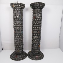 2 Tall Hand Forged Metal Wood Decorative Candlestick Holders w/ Embellishments - £31.13 GBP