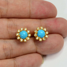 1.22Ct Turquoise &amp; Diamond Halo Bezel Earrings In Solid 14K Yellow Gold Finish - £75.49 GBP