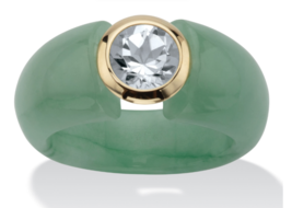 Genuine Green Jade Round White Topaz Ring 10K Gold 5 6 7 8 9 10 - £239.79 GBP