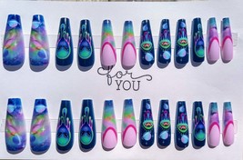 24pc Press on Nails Funky Blue Pink Black Aliens Planets Long Length - £6.39 GBP