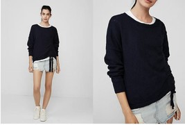 New Express Women Asymmetric Ruched Long Sleeve Cotton Indigo Blue Sweater XS - £27.36 GBP