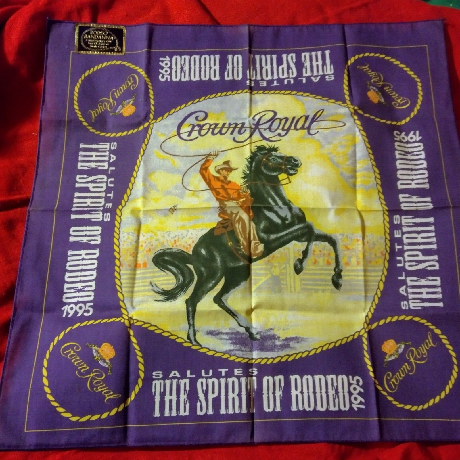 Crown Royal Rodeo Bandanna unused 1995 Spirit of Rodeo orig sticker folded - $25.00