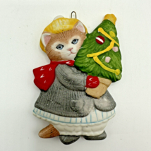Vintage Schmid Kitty Cucumber Ornament 1985 Flat Kitty Holding Christmas Tree - £9.57 GBP