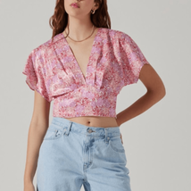 Astr The Label Tie Back Crop Satin Blouse Top, Pink/Floral, Size Medium, NWOT - £24.46 GBP