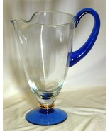 Crystal Clear Glass Pitcher Cobalt Blue Handle Base Gold Accent Romania - €170,50 EUR Crystal Clear Glass Pitcher Cobalt Blue Handle Base Gold Accent Romania - €170,50 EUR