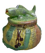 Vintage Bisque Porcelain Trinket Box Hinged Fish Carp Green Yellow Gold ... - £7.69 GBP