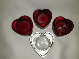 Tea Light Holder - Chunky Glass Heart Shaped - Set of 3 Red and 1 Clear - $12.00