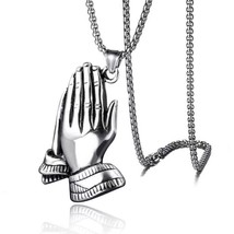 Men&#39;s Silver Praying Hands Pendant Necklace Religious Jewelry Box Chain 24&quot; - £6.99 GBP