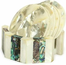 White Marble Coaster Set with Abalone Shell Semi Precious Kitchen Decor - $296.01