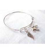 IN MEMORY OF ANGEL WING &amp; 3D DOG (2) CHARMS ON SILVER ADJUSTABLE BANGLE ... - £4.69 GBP