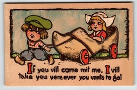 Dutch Boy Pulls Girl Postcard Comic Wooden Cart Shoe On Wheels TP &amp; Co. Unused - £7.10 GBP