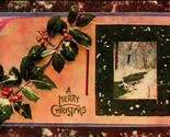 Holly Branch Marbled Border Creek Scene Merry Christmas Embossed 1910s P... - $3.91