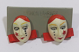 Clown Mask Earrings 1in Vintage Pair Red Bow Star Retro 1980s 1990s - £11.98 GBP