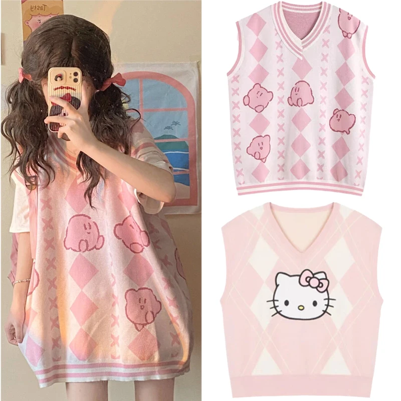Kawaii Kirby Hellokitty Japanese JK Cute Cartoon Knitted Vest Women Sleeveless - £14.24 GBP+