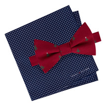 Tommy Hilfiger Red Christmas Tree Self Bow Tie Pin Dot Pocket Square Silk Set - £19.95 GBP