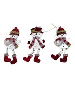 Snowman Ornaments Dangle Legs Plastic Painted Red White Glitter Set of 3 - £9.85 GBP