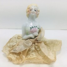 Vintage Antique Pin Cushion Porcelain Doll Satin &amp; Lace - £27.06 GBP