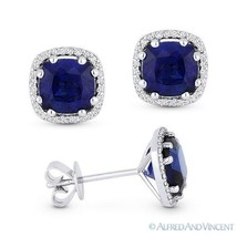 2.72 ct Cushion Cut Lab Sapphire Round Diamond Halo 14k White Gold Stud Earrings - £288.55 GBP