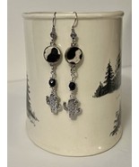 Silver Tone Black Tan Cow Hide Black Glass Cactus Dangle Earrings Handma... - $33.70 CAD
