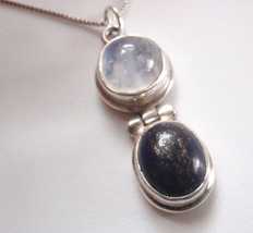 Lapis Lazuli with Pyrite Specks and Moonstone 925 Sterling Silver Pendant - £9.34 GBP