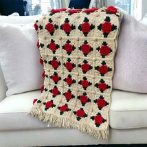 VTG Red Rose Crochet Throw Blanket 3D Flowers Granny Square Afghan - £79.32 GBP
