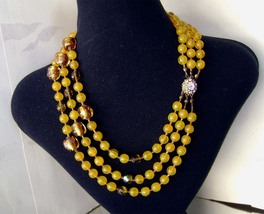 Vintage Golden Yellow, Sommerso Bead 3 Strand Necklace Rhinestone Clasp - £31.25 GBP