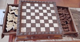 Vintage Mayan Aztec Conquistadors Chess Set Heavy Wood Resin Tiles w 2 Drawers - £232.05 GBP