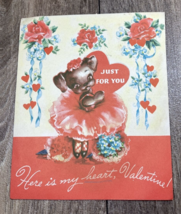 Vintage Valentine Here&#39;s My Heart Dancing Dog in Tutu 1930s Golden Bell ... - $5.99