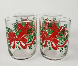  Libbey 4 Piece Red Christmas Bows Holly Berries Rare 12 Oz Glasses Tumblers  - £40.42 GBP