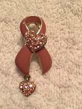 Breast Cancer Awareness Brooch Pink Enamel Pink Rhinestones Dangling Heart - $92.82 MXN