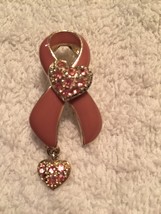 Breast Cancer Awareness Brooch Pink Enamel Pink Rhinestones Dangling Heart - £3.92 GBP