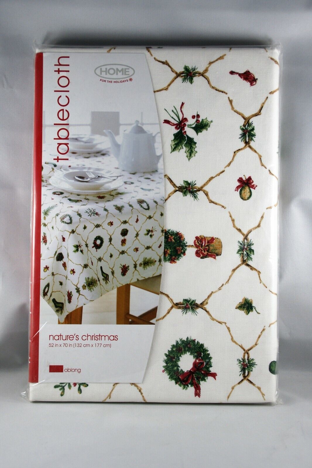 Home For The Holidays Nature's Christmas Tablecloth Oblong Wreath Holly Cotton - $12.18