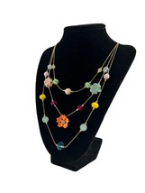 Gold Tone Multi Strand Beaded Necklace Enamel Flower Beads Rhinestones 17-20&quot; - £11.68 GBP