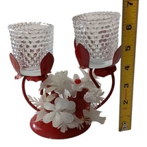 Amico Christmas Candle Holder Votive Kitschy Metal Plastic Flowers Vintage 1977 - £15.76 GBP