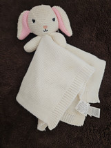 Modern Baby Knitted Bunny Lovey Security Blanket Pink Ears 12” White Cream - £10.68 GBP